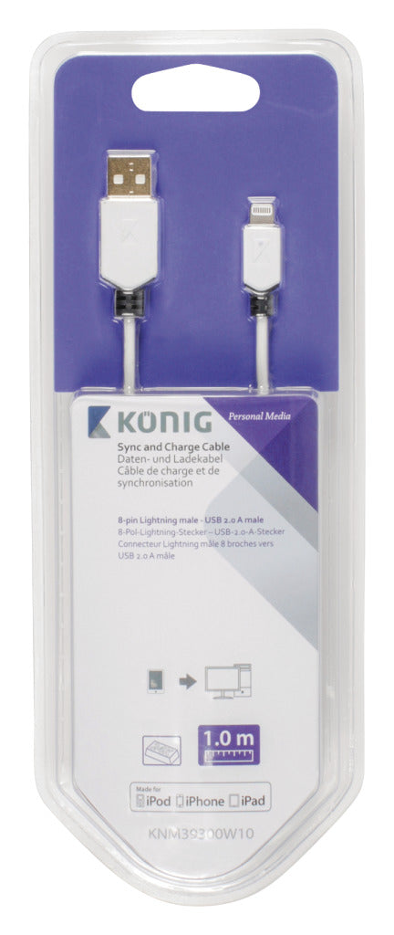 K ouml;nig knm39300w10 synkroniserings- og opladningskabel 8-benet lightning han - USB 2.0 a han 1,00 m hvid