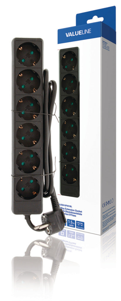 Valueline vles615f001bl fatning 6-vejs 1,50 m sort