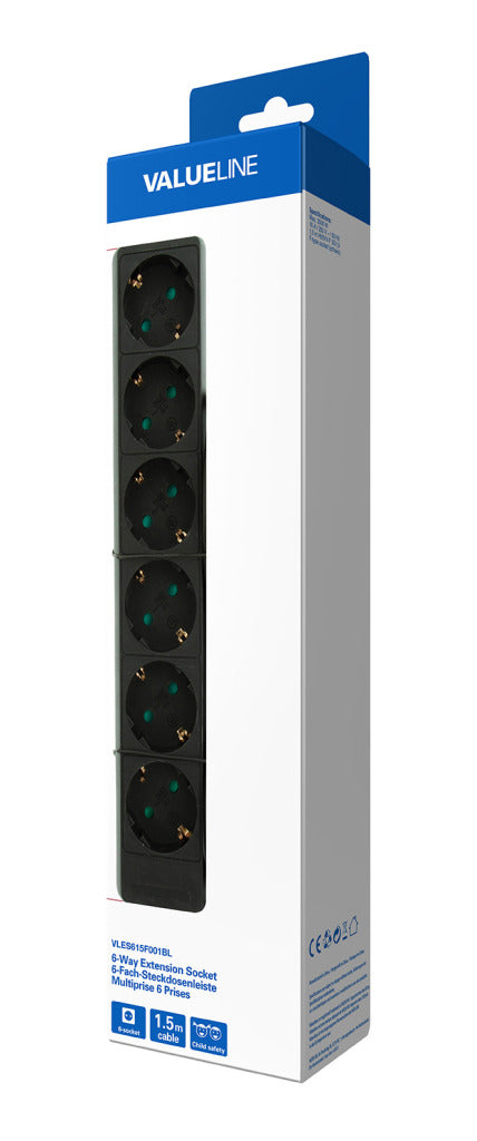 Valueline vles615f001bl fatning 6-vejs 1,50 m sort