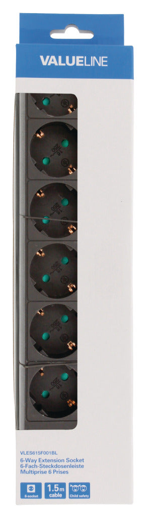 Valueline vles615f001bl fatning 6-vejs 1,50 m sort