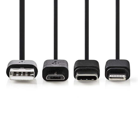 Nedis CCGP60620BK10 3-i-1 synkroniserings- og opladningskabel USB-A han - Micro B han type-C han Apple Lightning 8-pin han 1,0 m sort