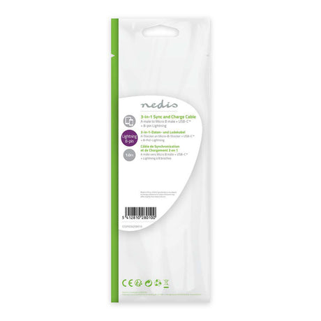 Nedis CCGP60620BK10 3-i-1 synkroniserings- og opladningskabel USB-A han - Micro B han type-C han Apple Lightning 8-pin han 1,0 m sort
