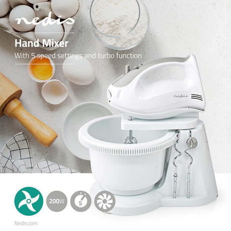 Nedis Kahm110CWT håndmixer 200 W 5-hastigheds turbofunktion drejeskål 2 dejkroge 2 piskeris Grå hvid