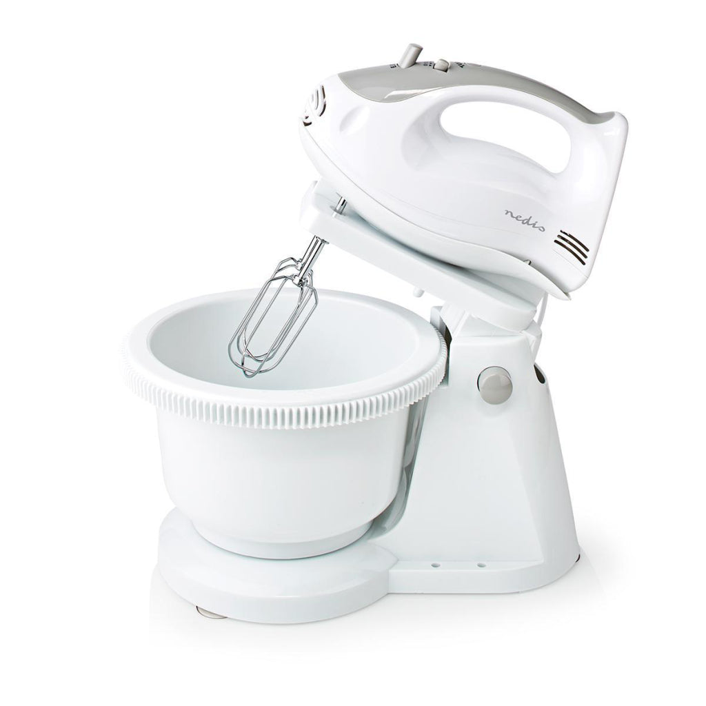 Nedis Kahm110CWT håndmixer 200 W 5-hastigheds turbofunktion drejeskål 2 dejkroge 2 piskeris Grå hvid