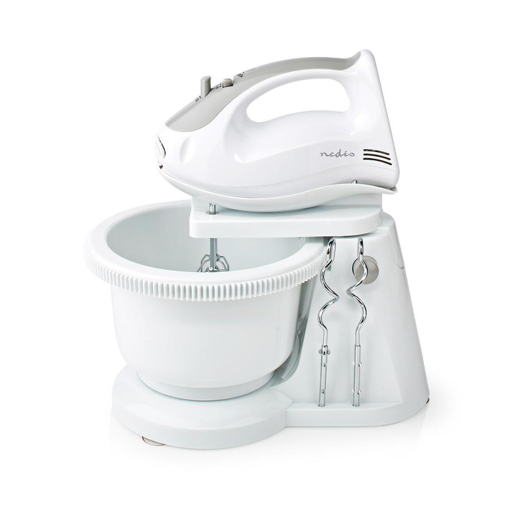 Nedis Kahm110CWT håndmixer 200 W 5-hastigheds turbofunktion drejeskål 2 dejkroge 2 piskeris Grå hvid