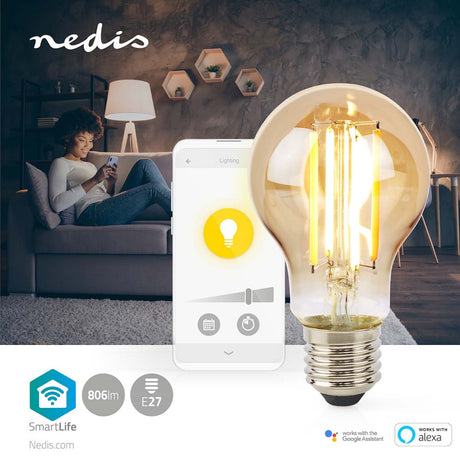 Nedis WiFiLRF10A60 SmartLife LED-glødelampe Wi-Fi E27 806 lm 7 W Varmt hvidt glas Android iOS Pære