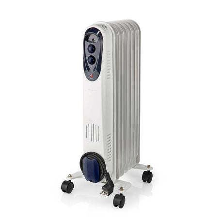 Nedis HToi30WT7 mobil olieradiator 600 900 1500 W 7 finner justerbar termostat 3 varmeindstillinger væltningssikring hvid