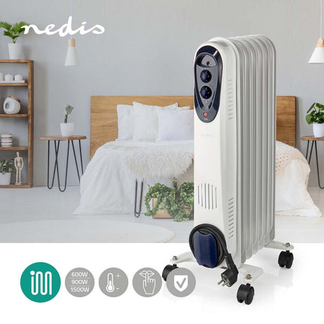 Nedis HToi30WT7 mobil olieradiator 600 900 1500 W 7 finner justerbar termostat 3 varmeindstillinger væltningssikring hvid