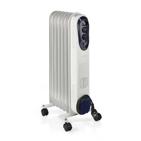 Nedis HToi30WT7 mobil olieradiator 600 900 1500 W 7 finner justerbar termostat 3 varmeindstillinger væltningssikring hvid