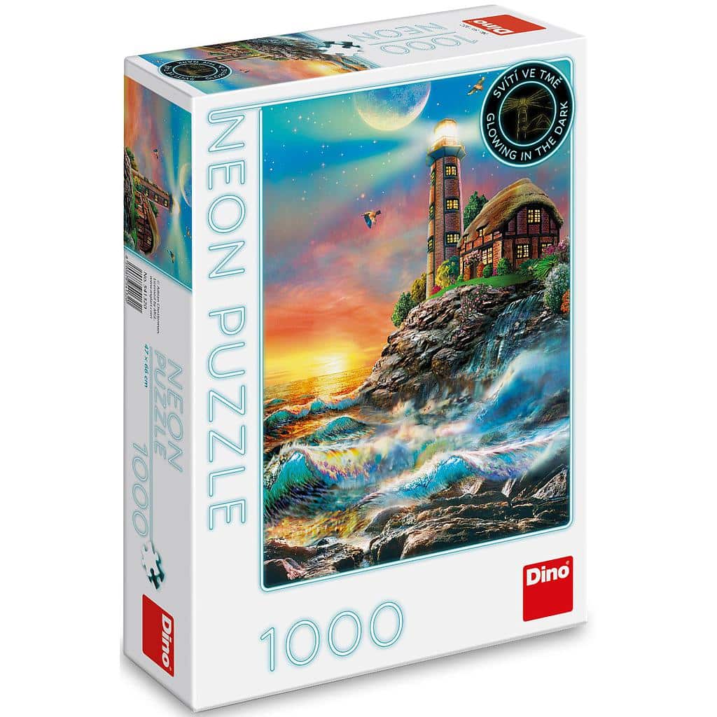 Dinotoys dino puslespil af lystårn på et bjerg med neon 1000 brikker