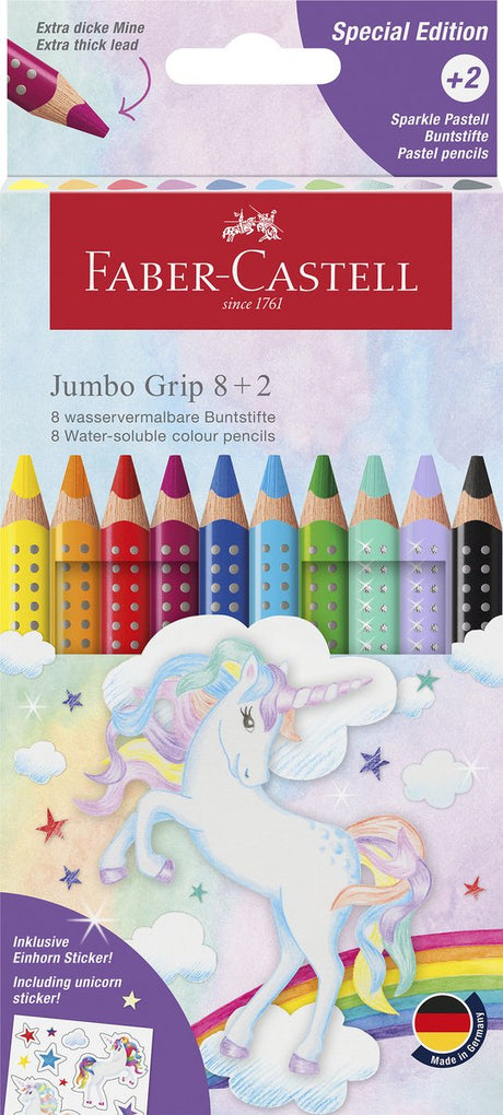 Faber-castell farveblyanter - jumbo grip enhjørning - 10 farver inkl. klistermærkeark - fc-110923