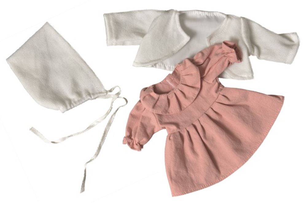 Dukkekjole, cardigan og hat pink hvid. 1+