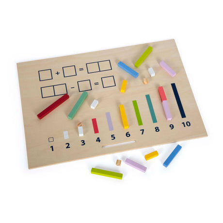 Lille fod - lærekasse i træ med matematikstave og matematikbloksæt