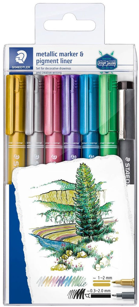 Staedtler design rejse metallisk pen - promo sæt 6 farver + gratis pigment liner