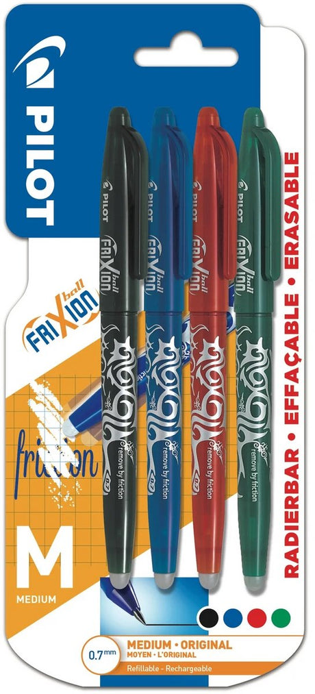 Pilot kuglepen frixion farvesortiment, medium spids, 0,7 mm, blister med 4 stk.