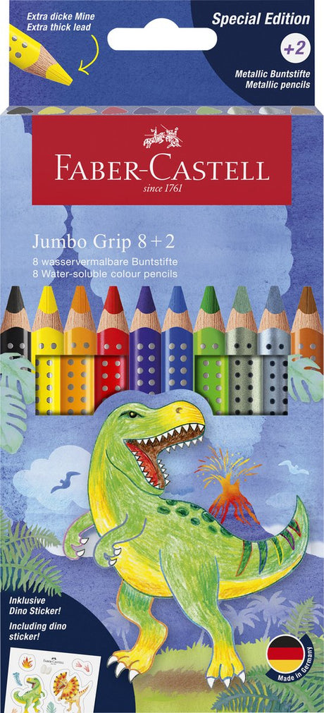 Faber-castell farveblyanter - jumbo greb dino - 8 farvegreb + 2 metalliske greb - med klistermærker - fc-110922