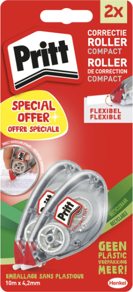 Pritt kompakt rulle flex 2e 1 2 pris | 4,2 mm x 10 m blisterkort | kontorskolekorrektionsrulle.