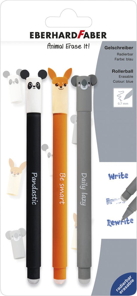 Eberhard faber - gel pen - animal erase-it - blister ass. farve - skrivefarve blå - ef-582123 - (panda, koala, ræv)