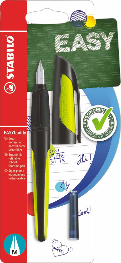 Stabilo easybuddy - ergonomisk fyldepen - sort lime - standard m nib til højrehåndede