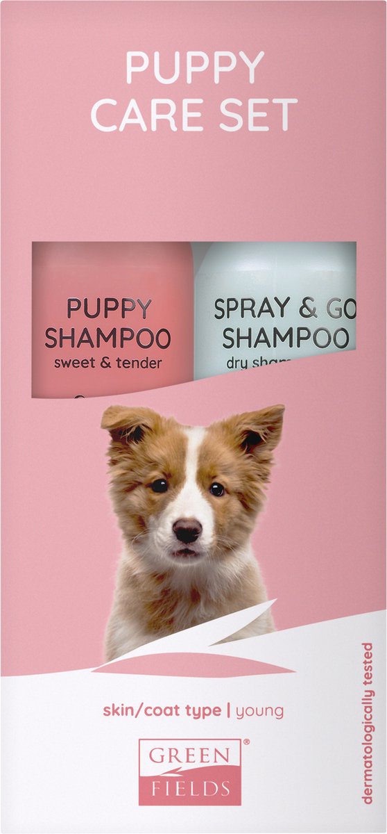 Greenfields pelsplejesæt til hvalpe - for en skinnende ren pels - hvalpeshampoo og spray go tørshampoo 250ml