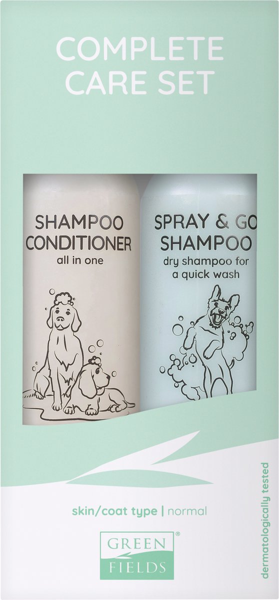 Greenfields pelsplejesæt til hunde shampoobalsam og spray go tørshampoo 250ml