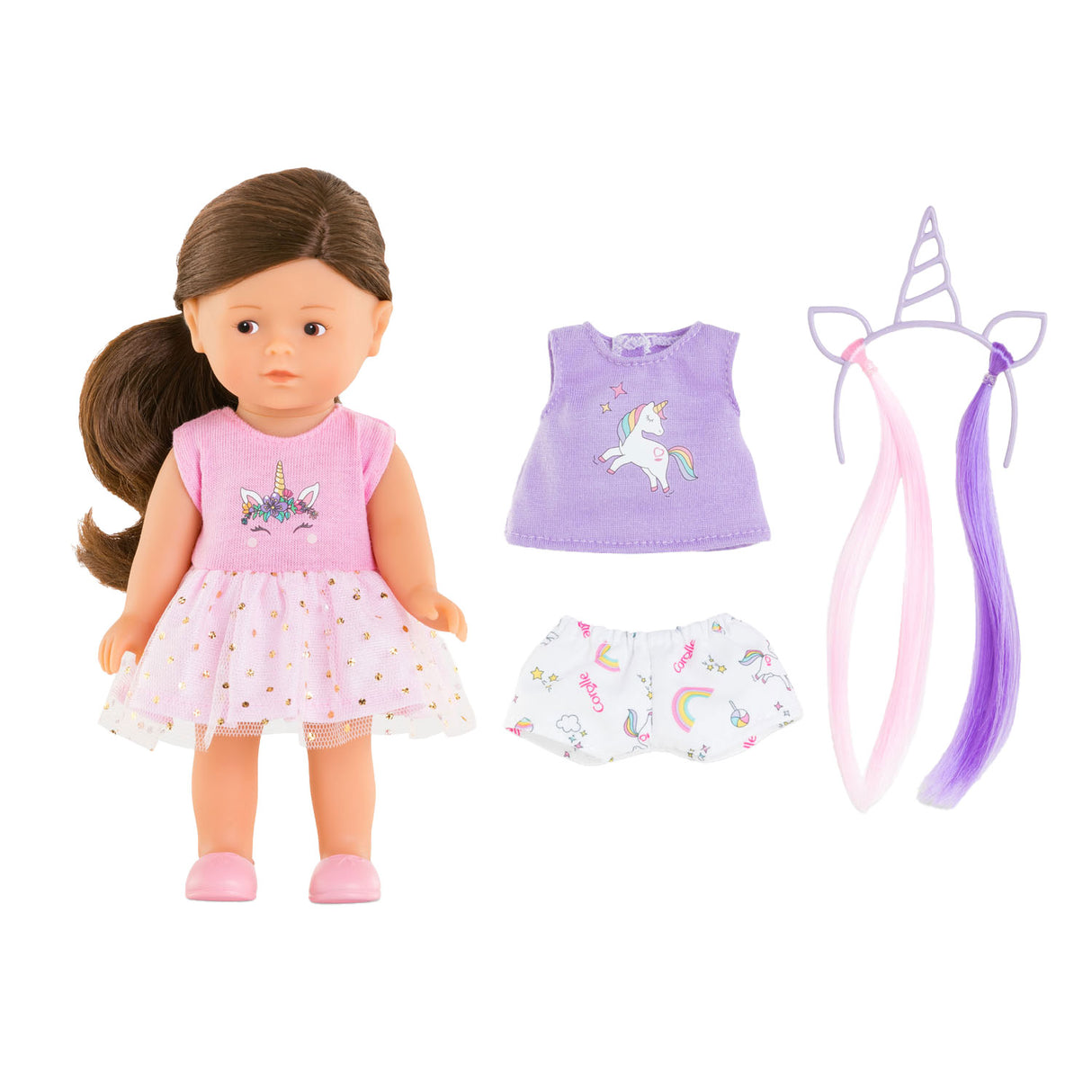 Corolle dukke enhjørning romy 20cm - mini corolline legesæt med tilbehør.