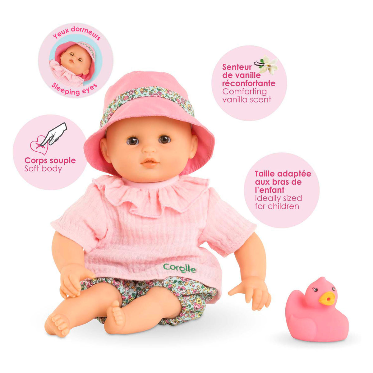 Corolle badedukke coralie med gummiand - bloomer, 30cm