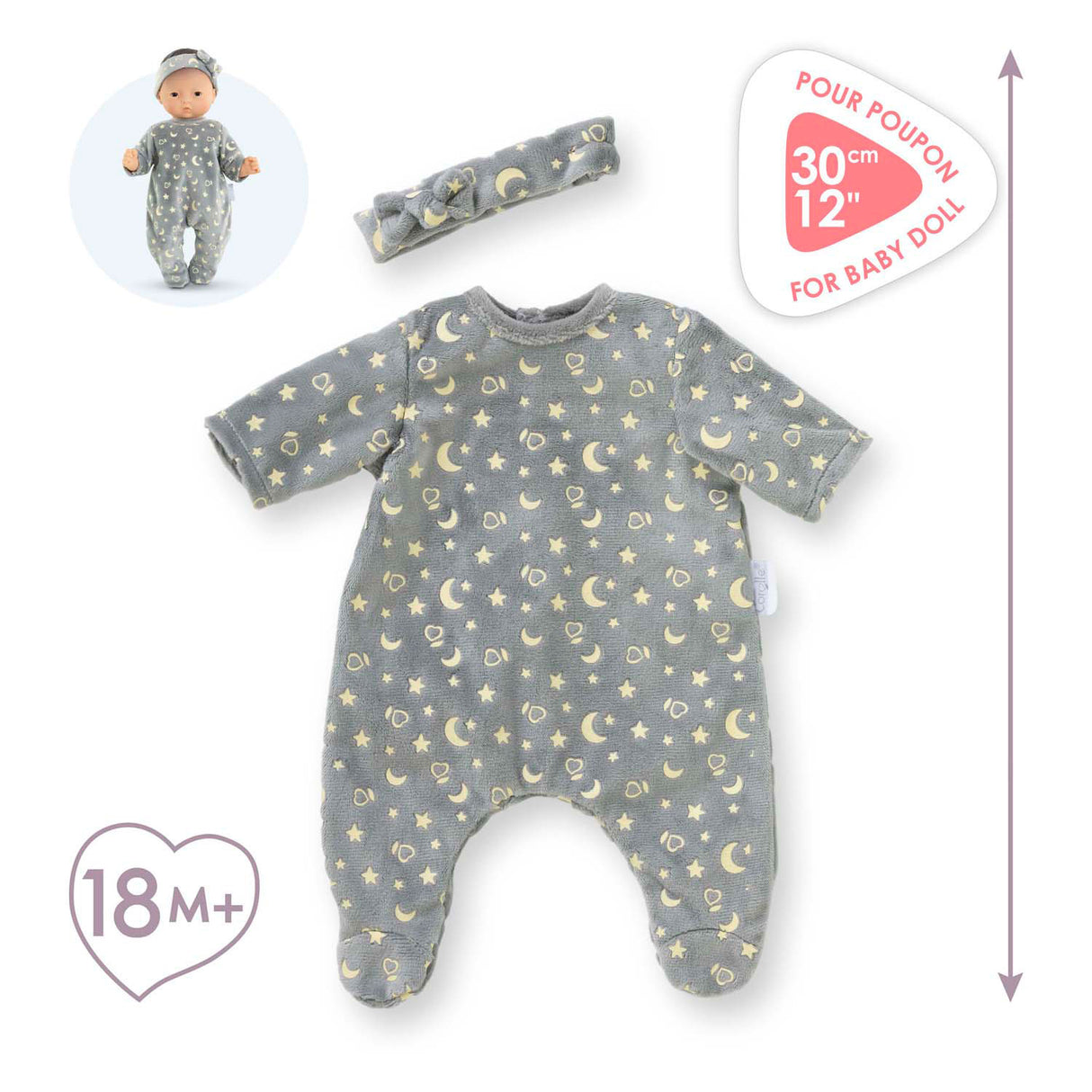 Corolle dukke pyjamas og pandebånd, 30cm - glød i mørket