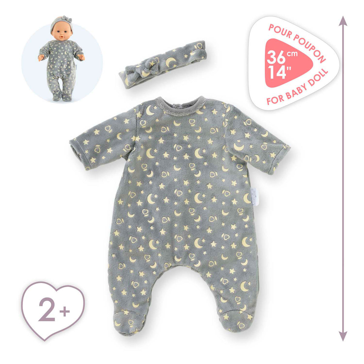 Corolle dukkepyjamas glimmer i mørket og pandebånd, 36cm