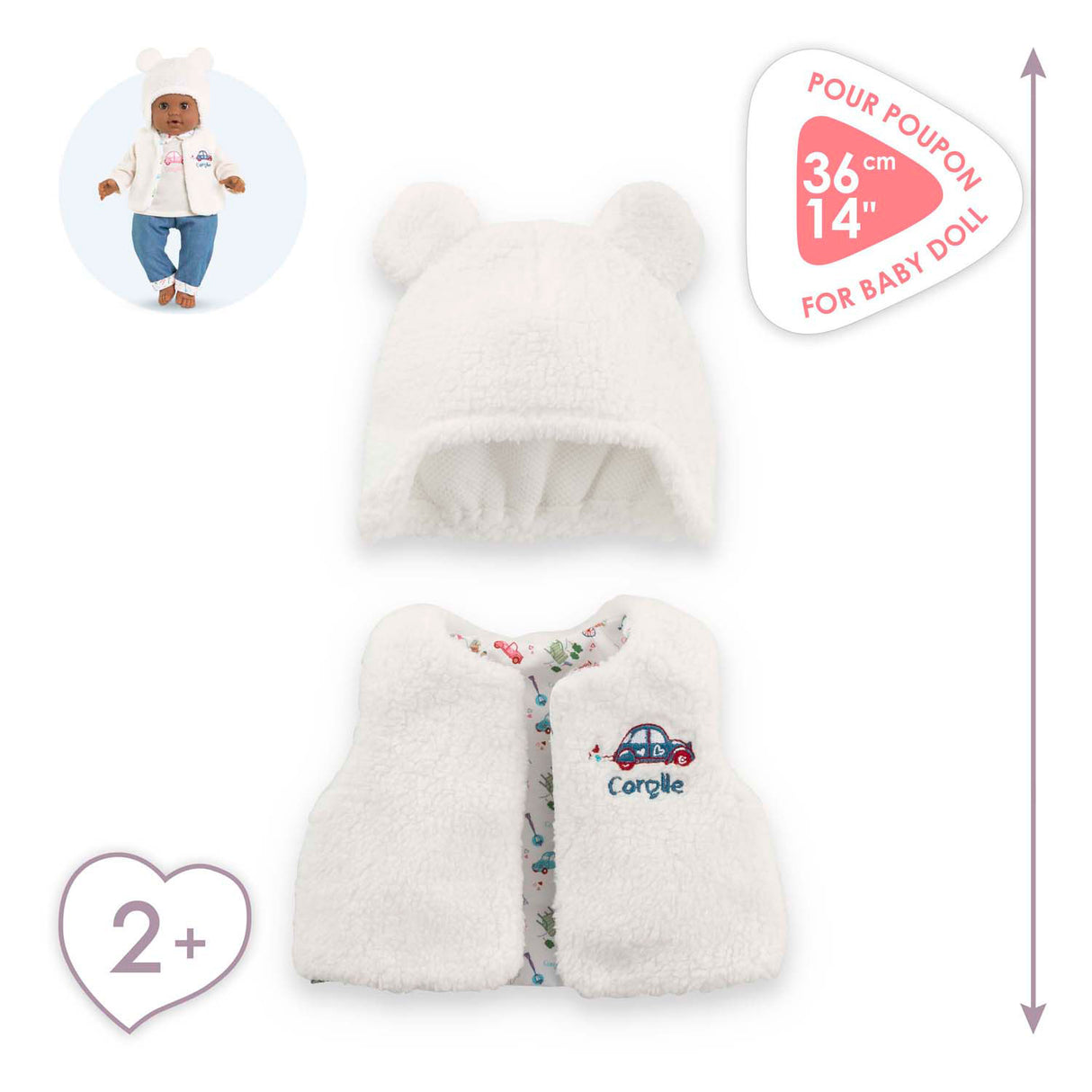 Corolle vintersæt babydukke 36cm - dukketøj hvid polyester.