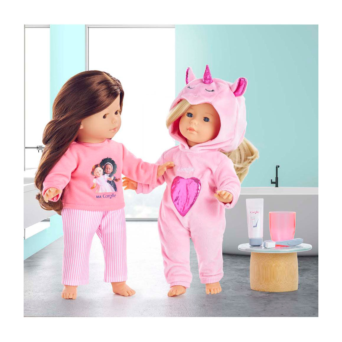 Corolle pink enhjørning pyjamas til dukker på 36cm, 2 stk.