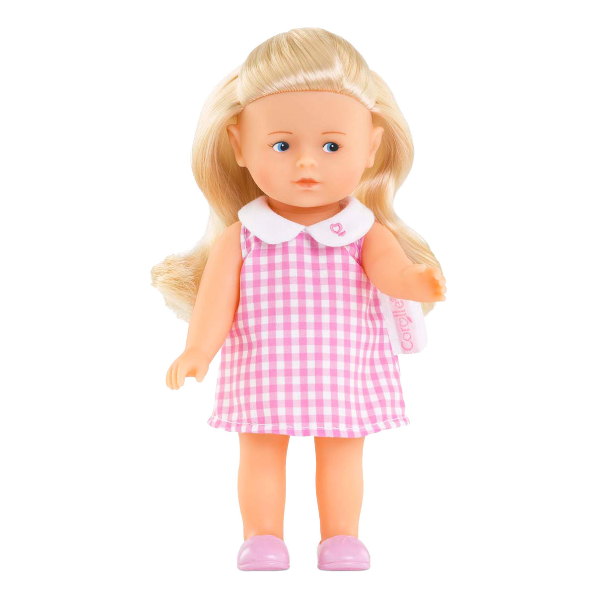 Corolle baby dukke mini corolline rosenrød med pink ternet kjole dukke.