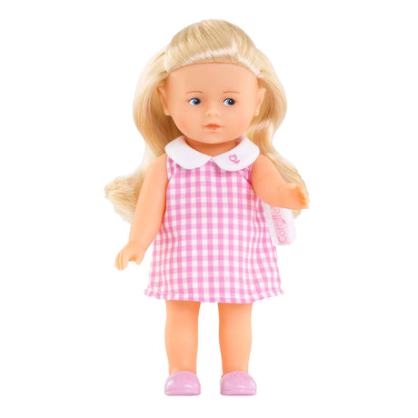 Corolle baby dukke mini corolline rosenrød med pink ternet kjole dukke.