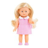 Corolle baby dukke mini corolline rosenrød med pink ternet kjole dukke.