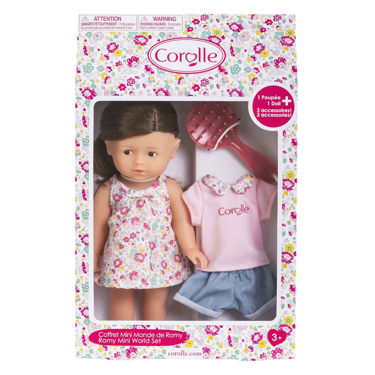 Corolle mini baby dukke romy med 3 tilbehør - 20cm