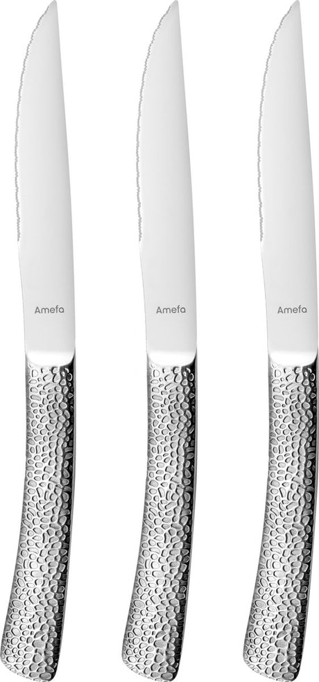 Amefa bongo – 3-delige steakmessenset – vlijmscherp – micro-serration – 13 0 gehard messenstaal – gehamerd – veilige cadeauverpakking