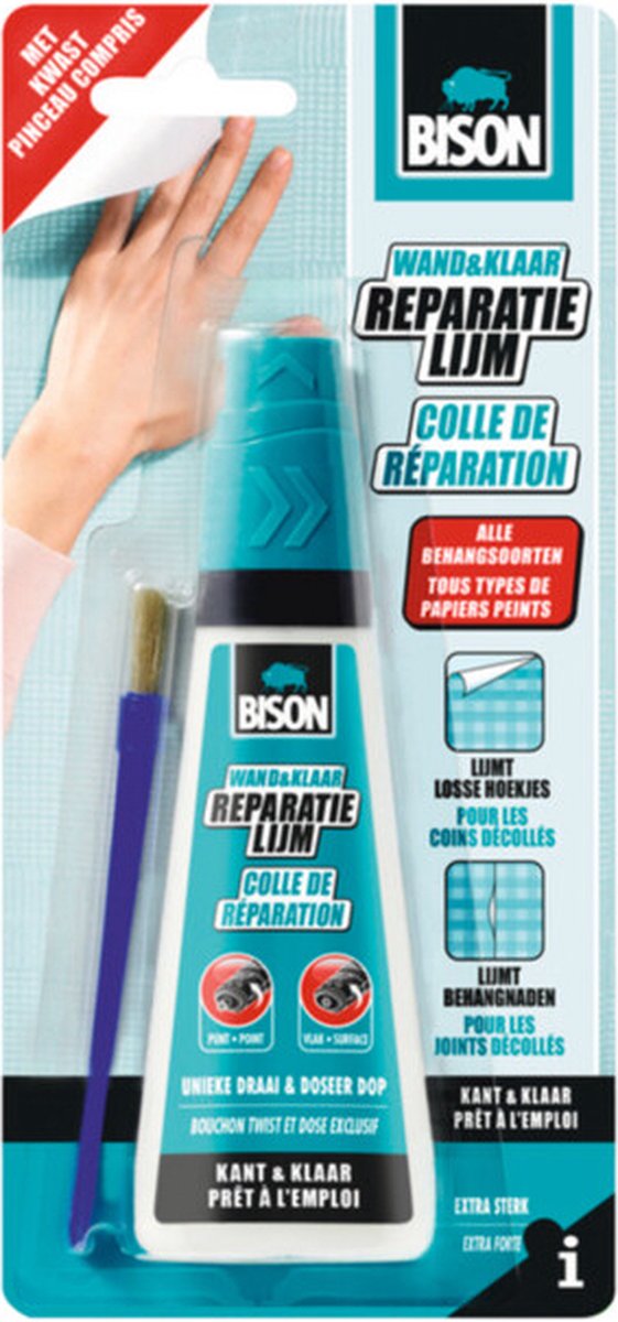 Bison wall ready® tapetreparationslim 90 ml inkl. limpensel, klar til brug, ekstra stærk, løse hjørner og sømme, velegnet til alle slags forskellige tapettyper