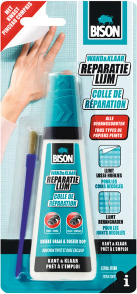 Bison wall ready® tapetreparationslim 90 ml inkl. limpensel, klar til brug, ekstra stærk, løse hjørner og sømme, velegnet til alle slags forskellige tapettyper