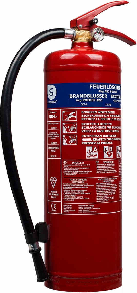 Smartwares fex-15140 - ildslukkerpulver 4kg - inklusive monteringsbeslag - brandklasse ABC - BSI certificeret