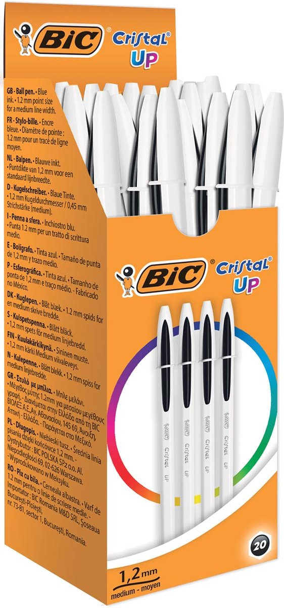 Bic cristal up kuglepenne - sort - æske med 20 stykker - medium spids 1,2 mm