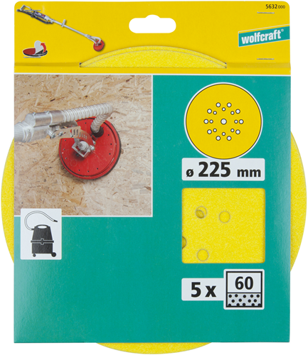 Wolfcraft selvklæbende slibeskiver | korund | k60 | ø225mm | 5 stk - 5632000