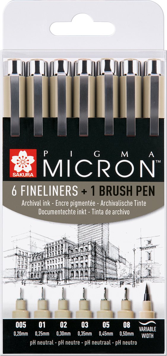 Sakura pigma micron fineliners sæt - 6 fineliners + 1 pigma børste
