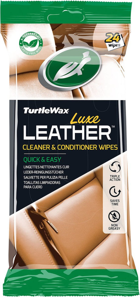Turtle wax luksus læderrens balsamservietter - til alt læder, vinylgummi - til rengøring, konditionering og beskyttelse - et naturligt mat slutresultat - i genlukkelig emballage - 24 servietter