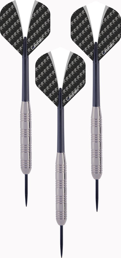 Engelhart dart wolfram look sæt 23 g – 3 stålspids dart – wolfram look tønde – nylon skaft – hvid sort flight – inklusiv etui – longfield