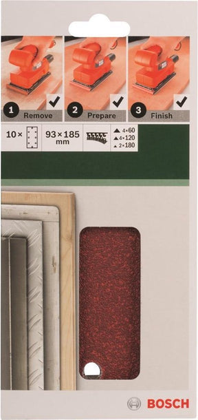 Bosch 10-delt slibepladesæt til orbitalslibere 93 x 185 mm - korn 60; 120; 180