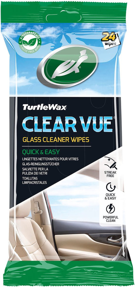 Turtle wax klare vue glas rengøringsservietter - overlegen rengøring - til glas- og spejloverflader - inde og ude i bilen - i genlukkelig emballage - 24 servietter