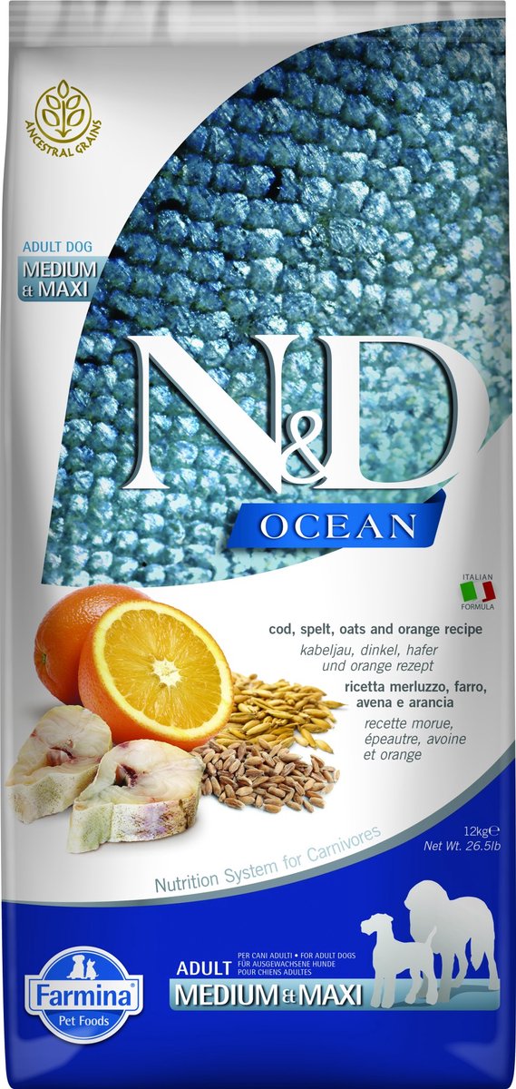 N d ocean hundefoder torsk med spelt medium maxi 12 kg