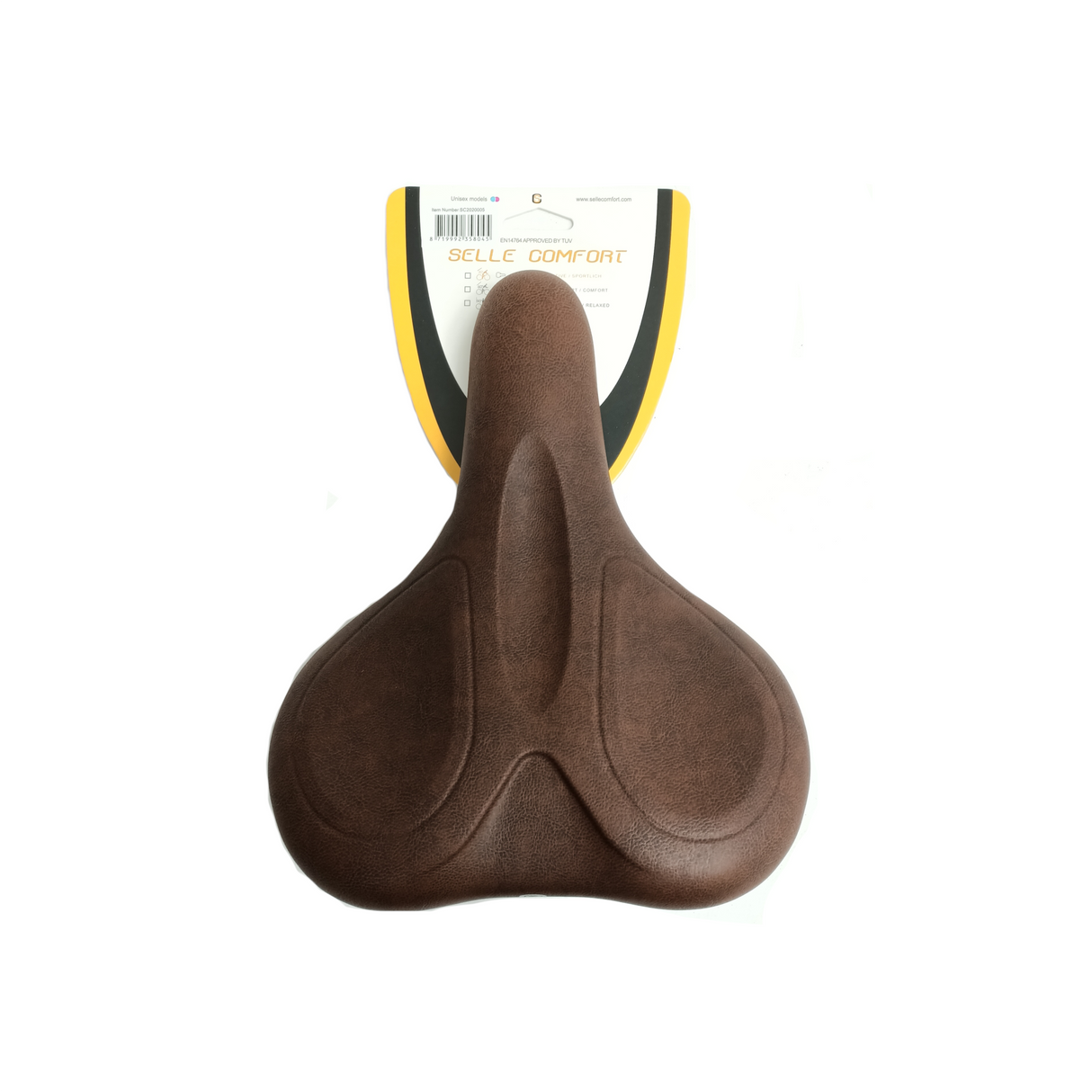 Selle Comfort Saddle E-Bike Soft Medium Brown med håndtag uden slynge.