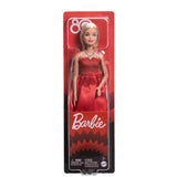 Barbie mattel modedukke til 80 års jubilæum – rubinrød kjole med sølvfarvede accenter