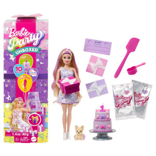 Barbie unboxing fest dyr fødselsdag - dukke med lilla highlights